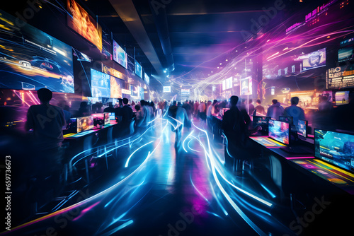 long exposure shot of World region gaming expo, gaming industry event or gaming competition amusement, with many blurred live-action players in motion