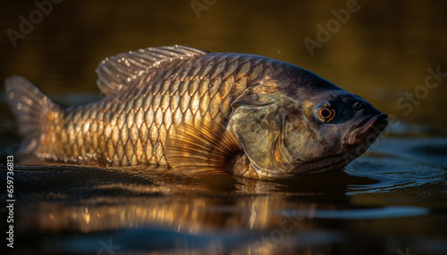 The yellow carp reflection in the pond shows natural beauty generated by AI