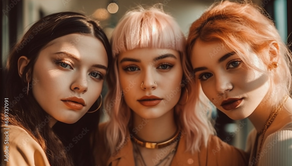 A group of beautiful young women smiling for the camera generated by AI A group of beautiful young women smiling for the camera generated by AI