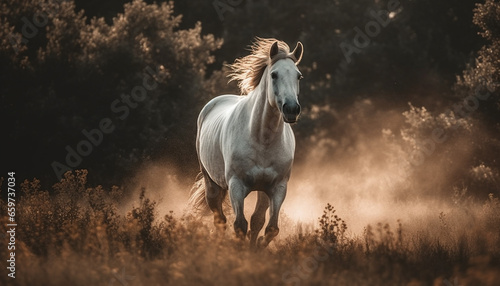 Thoroughbred stallion runs free in rural meadow, beauty in motion generated by AI