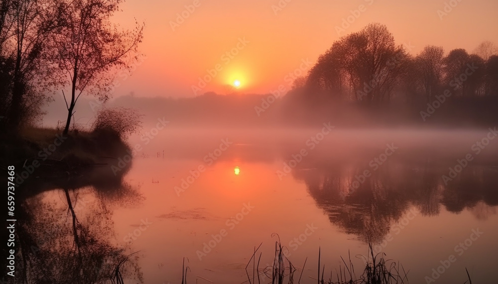Sunset over the tranquil pond, reflecting the beauty in nature generated by AI