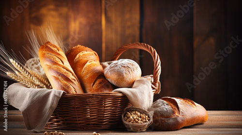 Fantastic Variety of Bread in Wicker Basket on Old Wooden Backgr photo