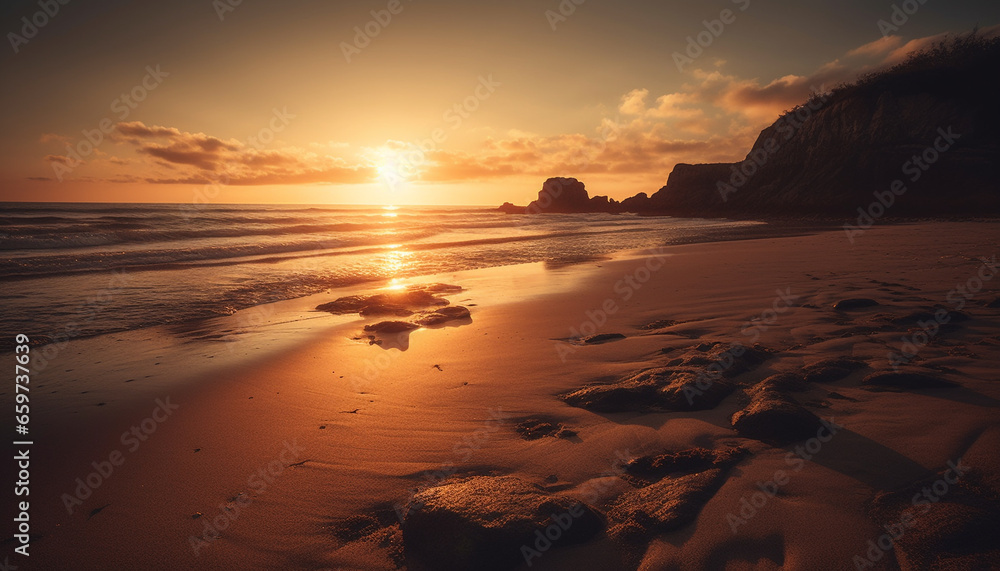 The tranquil scene of the sunset over the rocky coastline generated by AI