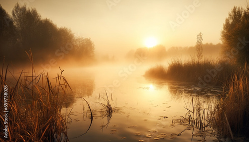 A tranquil scene at dusk  the sun reflection on water generated by AI