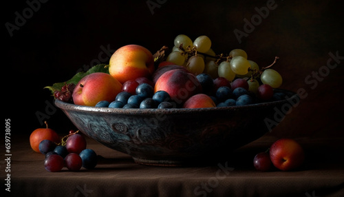 Rustic fruit bowl on wooden table  a healthy harvest meal generated by AI