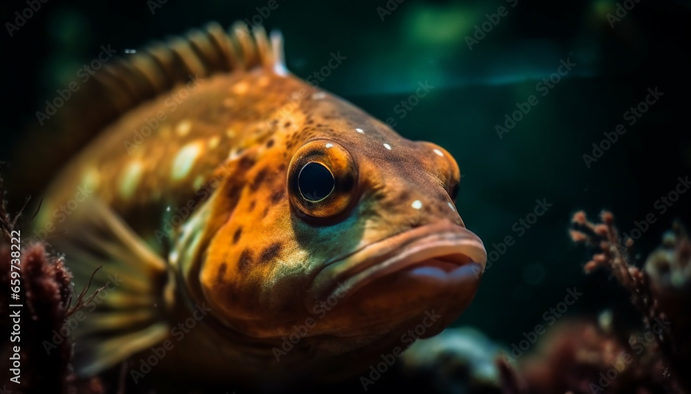 Close up of multi colored clown fish swimming in tropical reef generated by AI Close up of multi colored clown fish swimming in tropical reef generated by AI