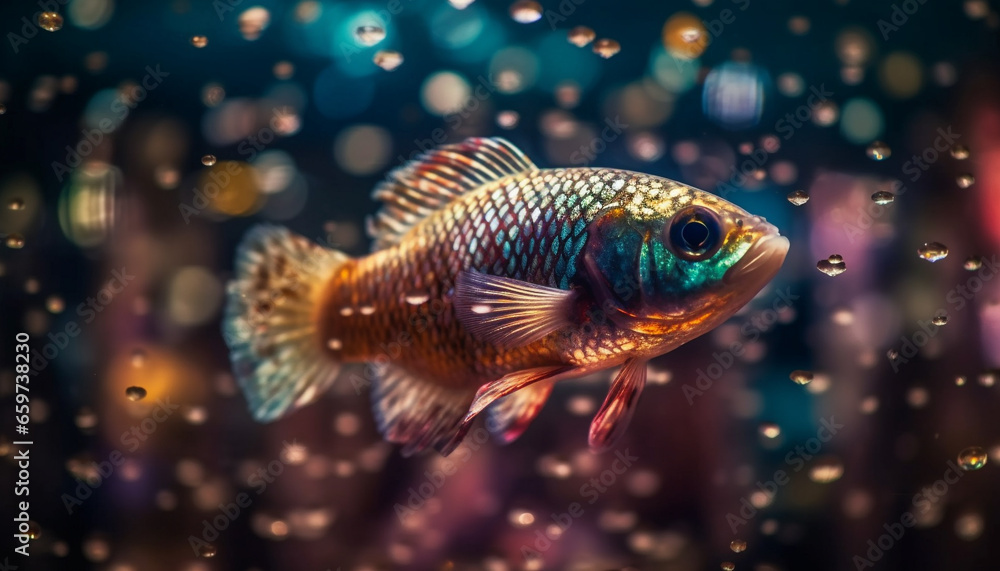 Multi colored siamese fighting fish swims in glowing underwater paradise generated by AI
