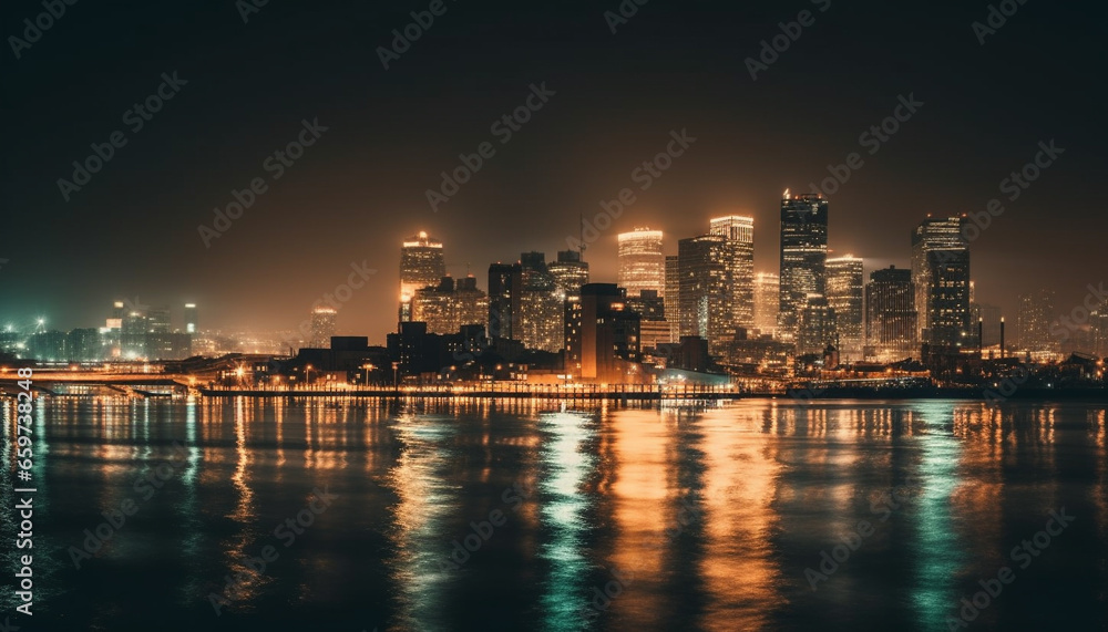 Fototapeta premium The futuristic city skyline glows with multi colored lights at night generated by AI