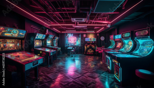 Modern casino bar illuminates leisure games with futuristic machinery generated by AI