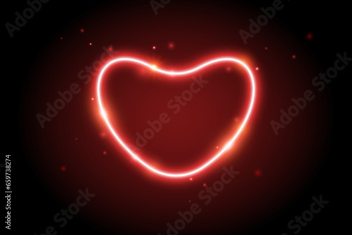 Neon glow heart frame. Illuminated red heart-shaped shape with sparks. Neon color lighting design element for banner  poster  collage  template. Shining sign with sparkles. Vector illustration