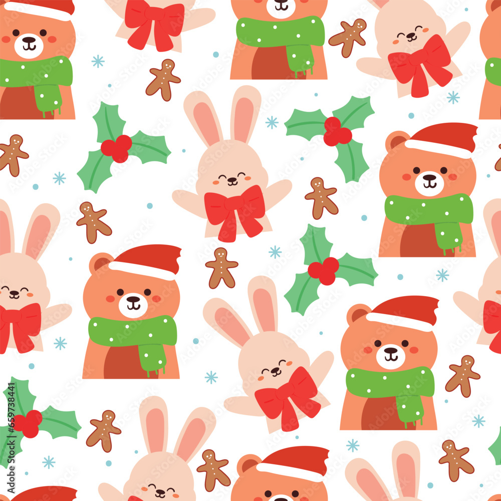 seamless pattern cartoon bunny and bear in christmas day. cute christmas wallpaper for gift wrap paper seamless pattern cartoon bunny and bear in christmas day. cute christmas wallpaper for gift wrap paper