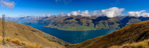 Panorama of Lake Wanak in South Island  New Zealand