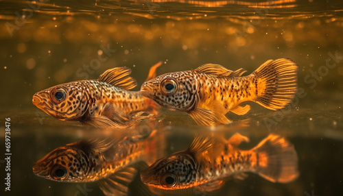 Colorful koi carp swim in elegant pond, showcasing underwater beauty generated by AI