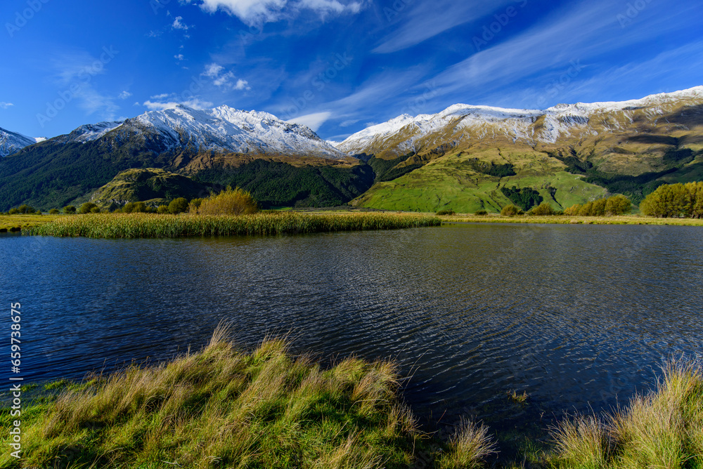 Lake with snow mountains in South Island, New Zealand