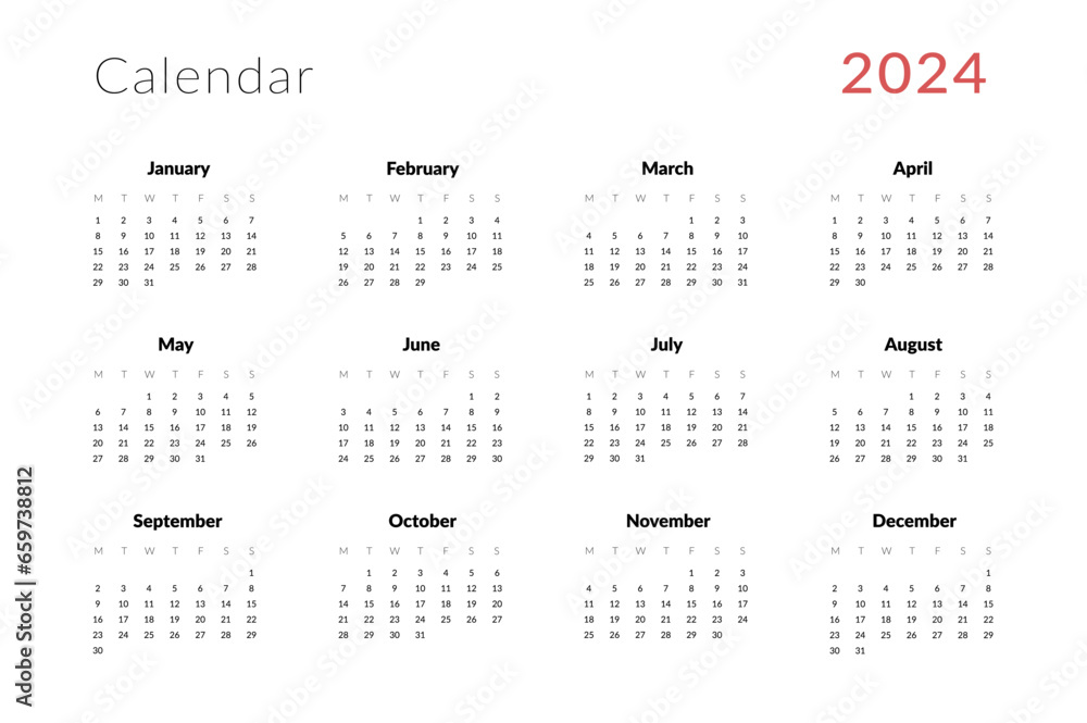 2024 Annual Calendar template. Vector layout of a wall or desk simple