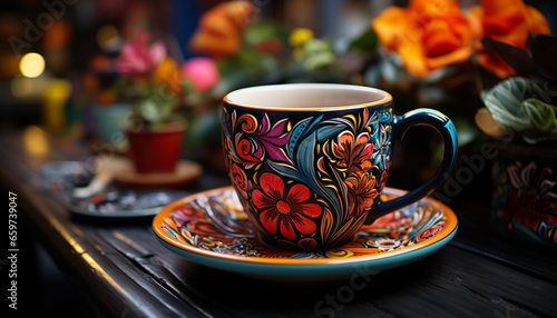 Wooden coffee cup on saucer with fresh flowers for decoration generated by AI
