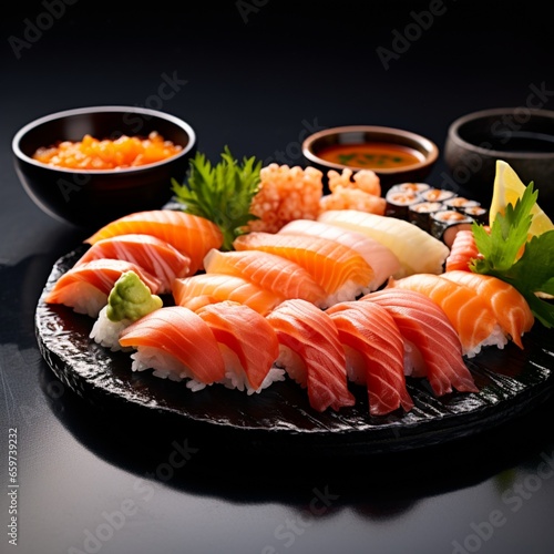 Assorted sushi sashimi with soy sauce and wasabi