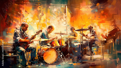 Oil Pianting Abstract Art of Musicians in a Bar Drums Bass Dancers Background