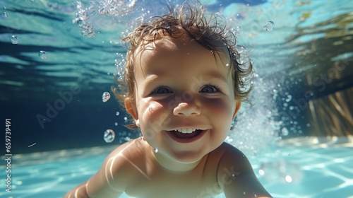 Clear day, Happy baby have fun in swimming pool. toddler swimming under water, Funny child swim, dive in pool deep down underwater from poolside. Healthy lifestyle, people water sport activity © ND STOCK