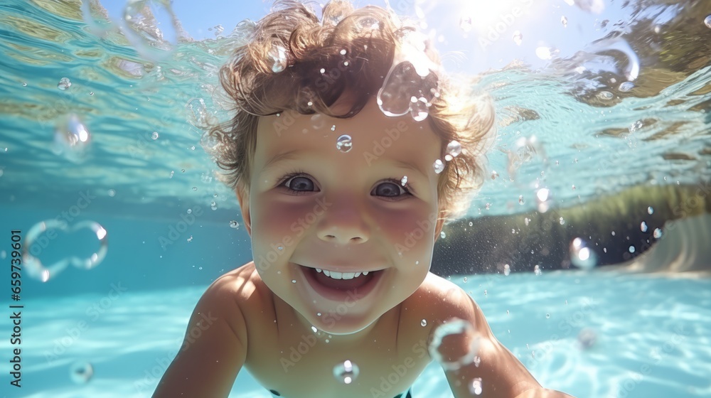 Clear day, Happy baby have fun in swimming pool. toddler swimming under water, Funny child swim, dive in pool deep down underwater from poolside. Healthy lifestyle, people water sport activity