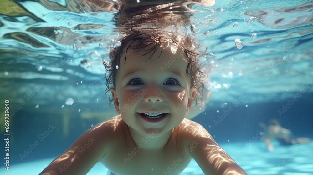 Clear day, Happy baby have fun in swimming pool. toddler swimming under water, Funny child swim, dive in pool deep down underwater from poolside. Healthy lifestyle, people water sport activity