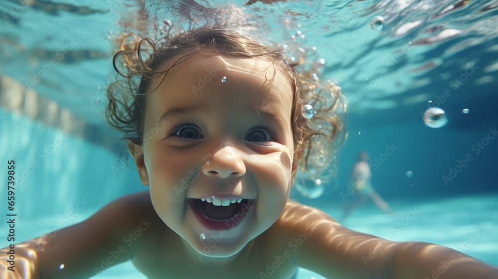 Clear day, Happy baby have fun in swimming pool. toddler swimming under water, Funny child swim, dive in pool deep down underwater from poolside. Healthy lifestyle, people water sport activity Clear day, Happy baby have fun in swimming pool. toddler swimming under water, Funny child swim, dive in pool deep down underwater from poolside. Healthy lifestyle, people water sport activity