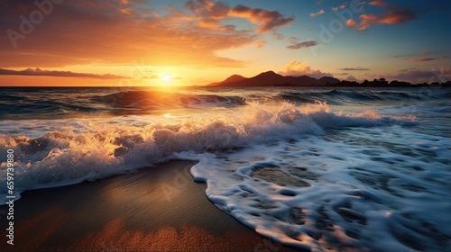 Sunset cuts the horizon Beach with foamy waves  volcano background with natural light