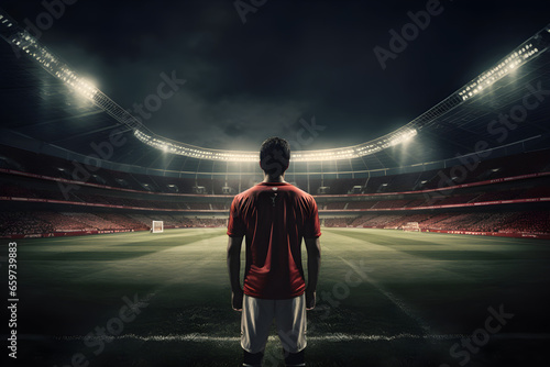 Epic night at stadium with soccer player standing ready on field, back to camera © sam