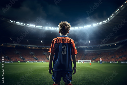 Epic night at stadium with young child soccer player standing ready on field, back to camera photo