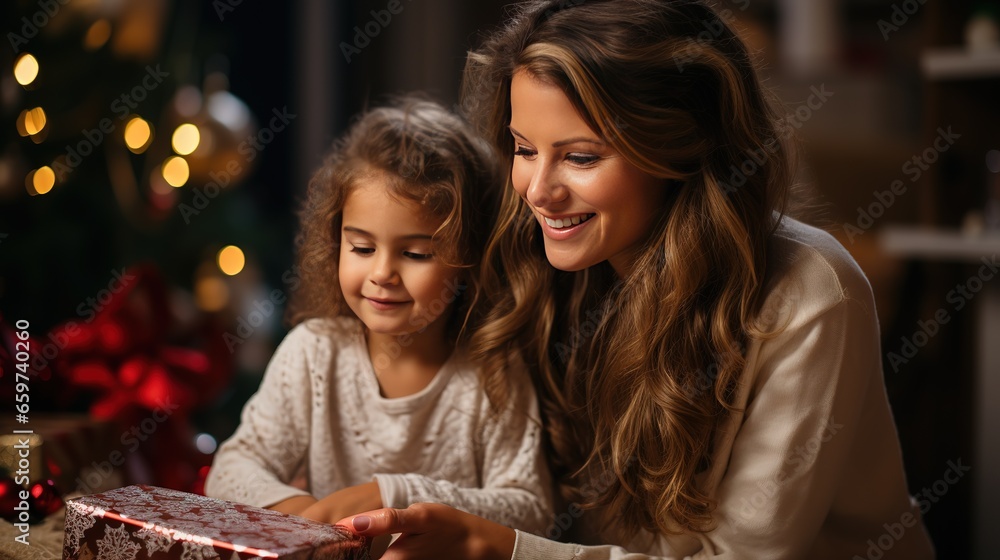 Mother and daughter open Christmas gifts box. The atmosphere of Christmas celebration and kindness