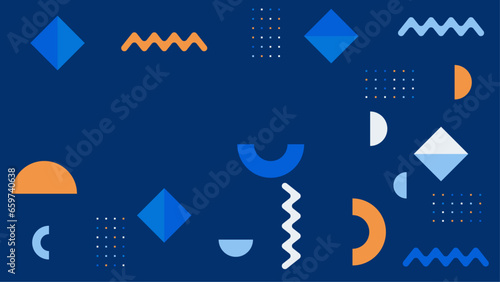 Blue white and orange vector abstract illustration background with geometric shapes inspired by memphis style