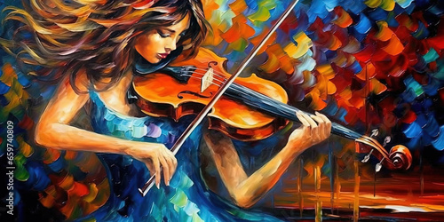 Liquid Oil Painting in Oil Mixed Style Brush Stroke of Beautiful Young Girl Play Violin Vibrant Abstract Art