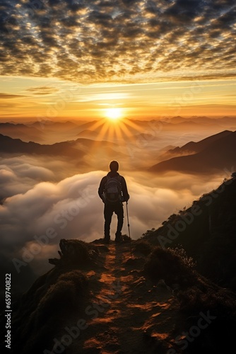 Contemplation of nature alone with your thoughts. Vertical photo of a lonely man enjoys the view of the mountains while he standing on a mountain peak during sunset. © Liaisan
