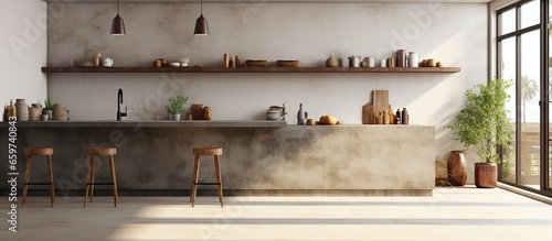 Minimalist design shown in ing Kitchen with island barstools white wall concrete floor shelves and panoramic window