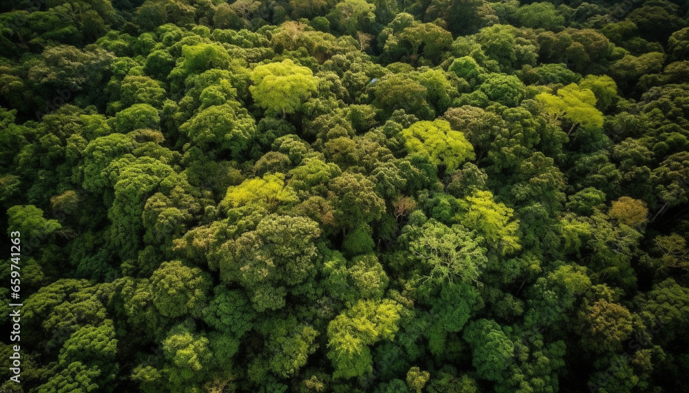 Naklejka premium High up in the mountain range, a multi colored forest wallpaper generated by AI