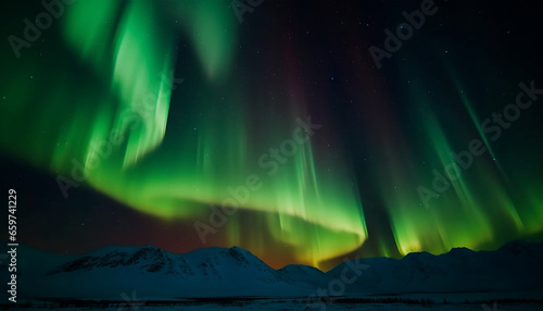 Night sky illuminated by majestic aurora polaris and vibrant stars generated by AI