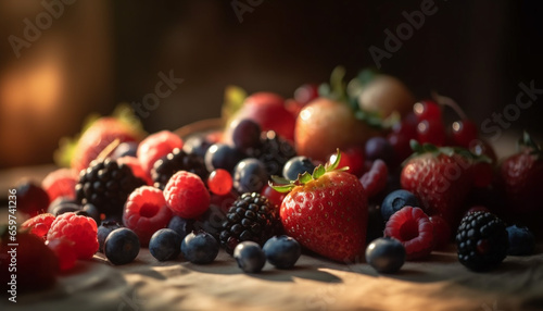 Juicy berry fruits on rustic wood table, perfect summer dessert generated by AI photo