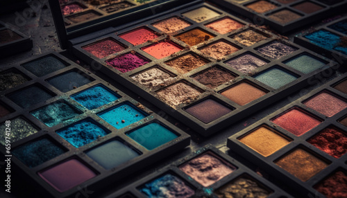 A vibrant palette of eye shadows in a shiny container generated by AI