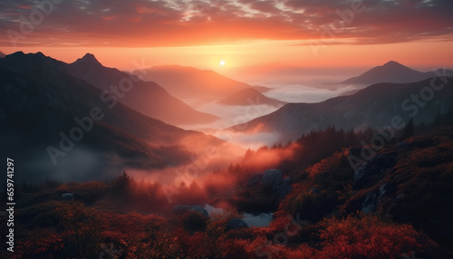 Majestic mountain range in autumn, a tranquil hiking adventure awaits generated by AI