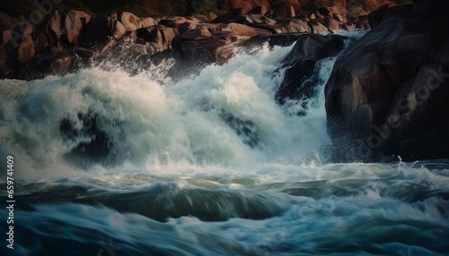 Rapid waves splashing against rocky cliff, beauty in nature generated by AI