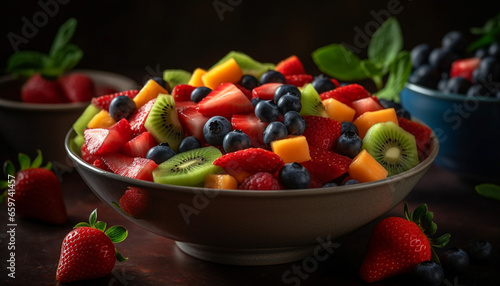 A gourmet fruit salad bowl with fresh organic berries and kiwi generated by AI