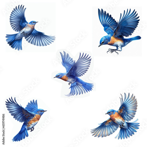 A set of male and female Eastern Bluebirds flying isolated on a white background