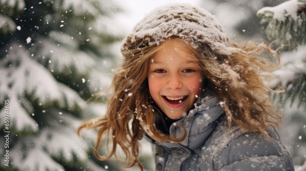 A portrait of little girl wearing wool hat enjoyed with snow in winter season and celebrate for Christmas. Generative Ai A portrait of little girl wearing wool hat enjoyed with snow in winter season and celebrate for Christmas. Generative Ai
