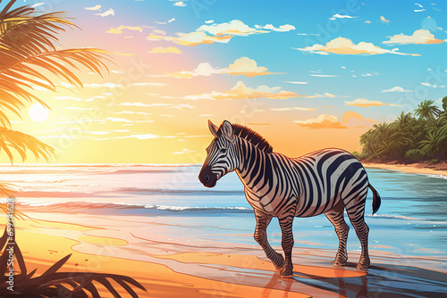 anime style background  a zebra on the beach