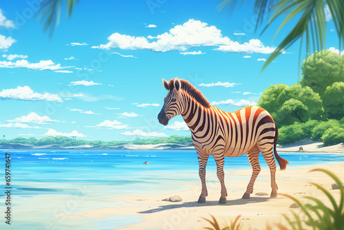 anime style background  a zebra on the beach