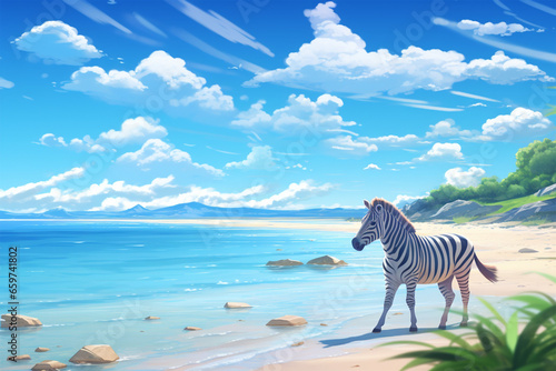 anime style background  a zebra on the beach
