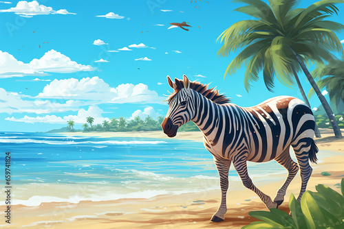 anime style background, a zebra on the beach