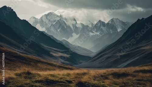 Tranquil scene of majestic mountain range in rural landscape generated by AI