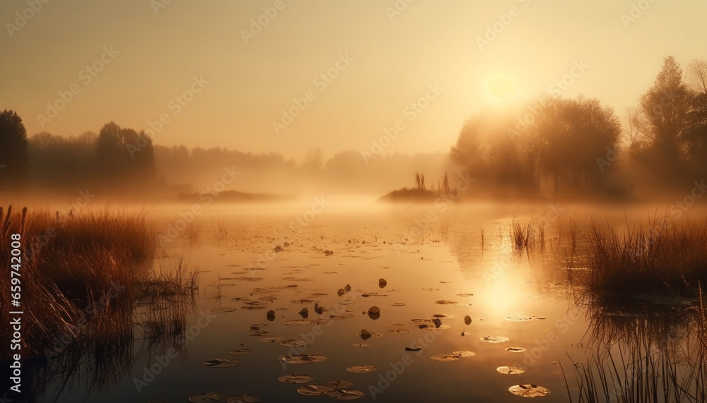Tranquil sunset over the waters edge, a golden autumn reflection generated by AI