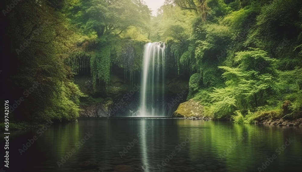 Tranquil scene of flowing water in tropical rainforest wilderness area generated by AI